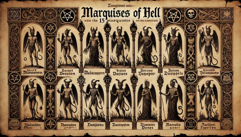 A medieval manuscript page depicting the 15 Marquises of Hell with demonic symbols and ornate borders.