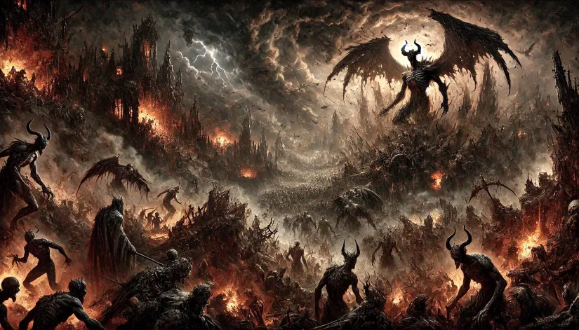 Apocalyptic scene of the final judgment with Abaddon leading the forces of destruction.