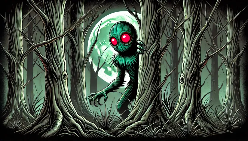 Flatwoods Monster hiding in the shadows of a dense forest at night