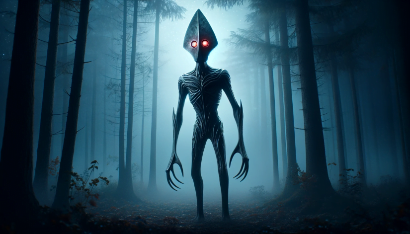 Flatwoods Monster cryptid in a dense, dark forest