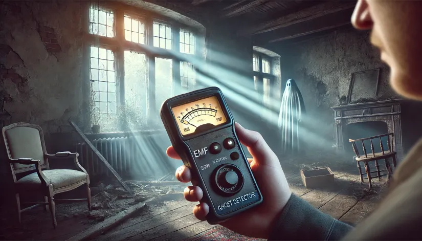 A ghost hunter using an EMF ghost detector in an abandoned house with ghostly apparitions in the background.