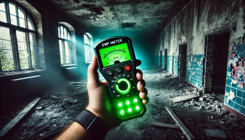 Ghost hunting equipment: EMF meter detecting paranormal activity during a ghost hunt.