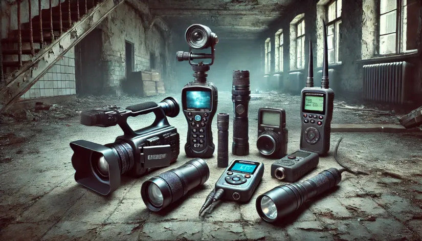 Ghost hunting equipment arranged on a dusty floor in an abandoned building, including a night vision camcorder, EMF meter, and flashlight.