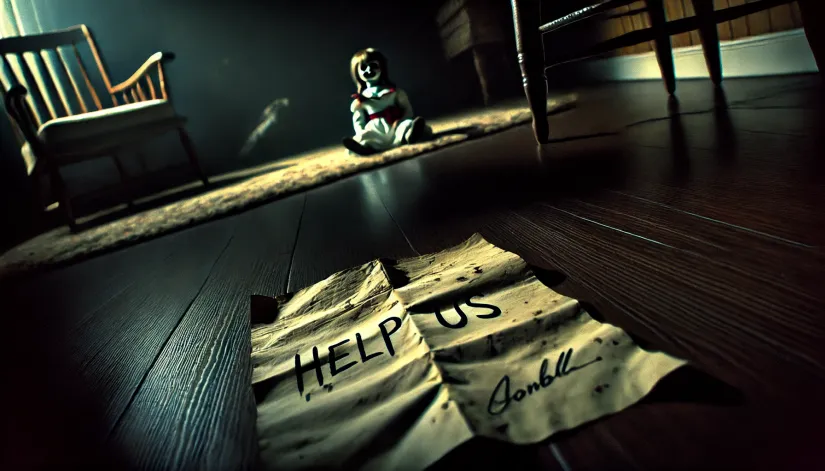 A crumpled handwritten note reading "Help Us" on the floor of Donna's dimly lit apartment, with the Annabelle doll barely visible in the background.