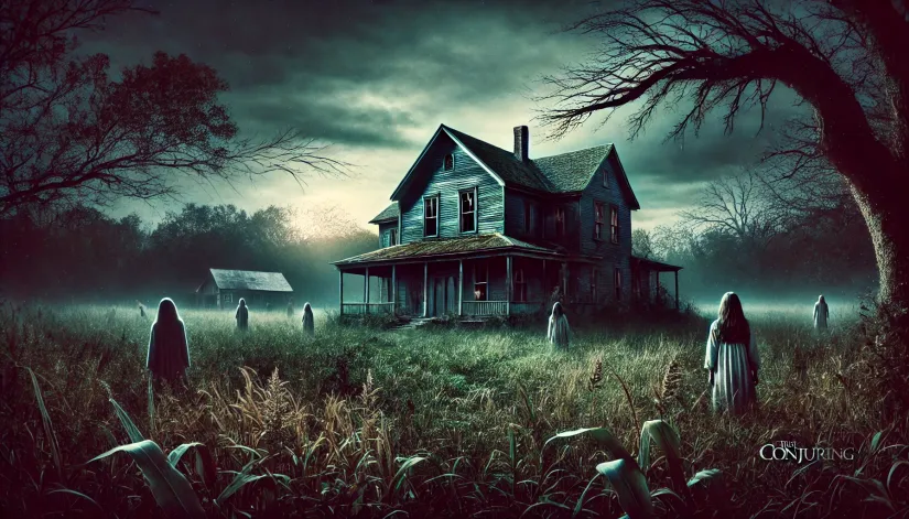 A rundown farmhouse at night with ghostly figures near the windows, inspired by The Conjuring