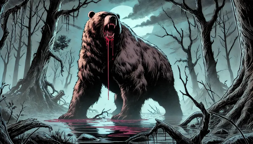 Katshituashku, the Man-Eating Bear, in a misty swamp at twilight