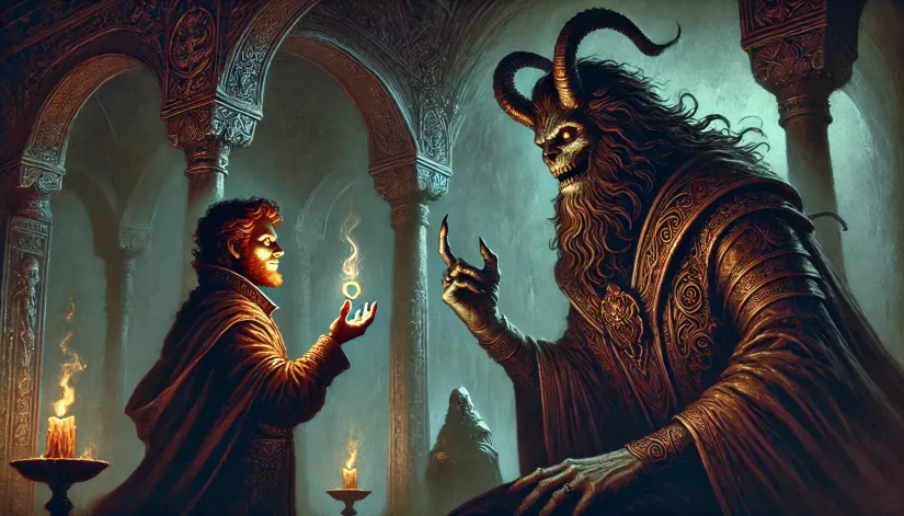 King-Solomon-Confronts-Asmodeus A dark-toned illustration of King Solomon confronting Asmodeus in an ancient palace, with Solomon holding a glowing ring.