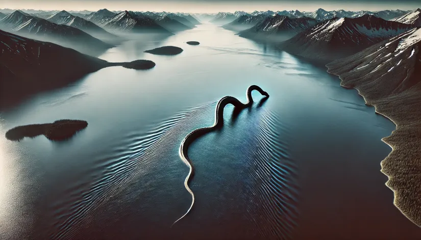 Lake Iliamna Monster swimming in deep, dark Alaskan lake waters