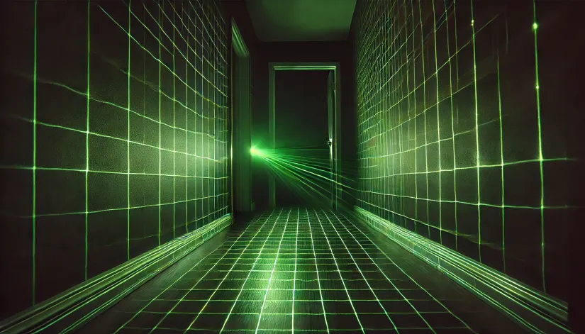 Laser Grid Pen projecting a grid pattern in a dark hallway, with the green lasers highlighting potential paranormal movement.