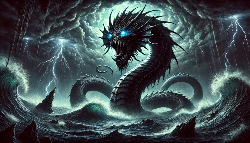 A dark depiction of Leviathan, the demon of envy and chaos, emerging from a stormy, hellish sea with glowing eyes and sharp teeth.