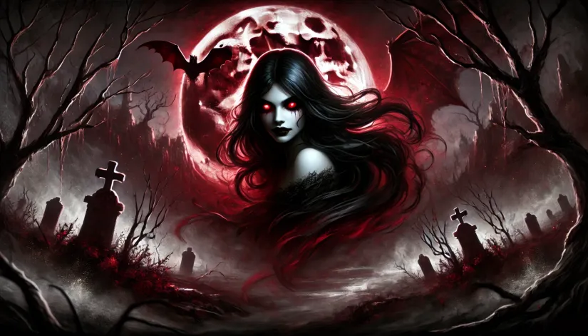 A dark depiction of Lilith, the demoness, in a moonlit, desolate landscape with a blood-red moon and twisted trees.