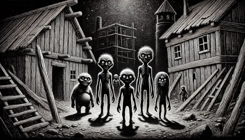 Little People, enigmatic spirits, in an abandoned village at night, gothic drawing style