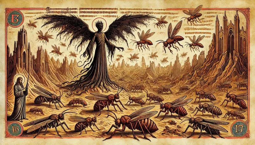 Ancient Christian manuscript-style depiction of Abaddon leading demonic locusts.