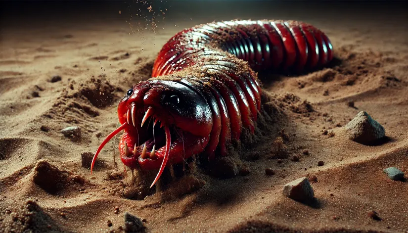 Close-up of the Mongolian Death Worm burrowing through desert sands.