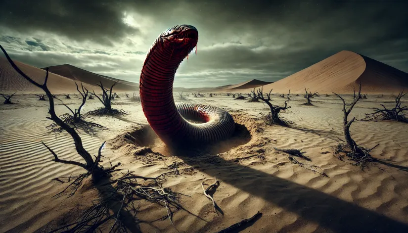 Mongolian Death Worm emerging from the sands in the Gobi Desert.