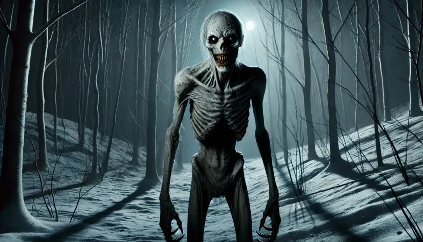 Terrifying Skinwalker standing in a snowy, dark forest under moonlight