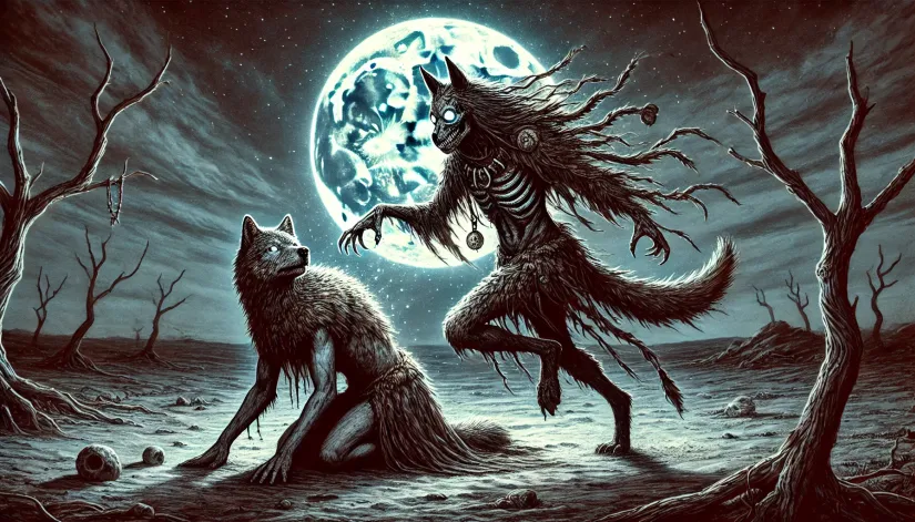 Native American cryptids: Skinwalker in mid-transformation in a desolate desert under a full moon