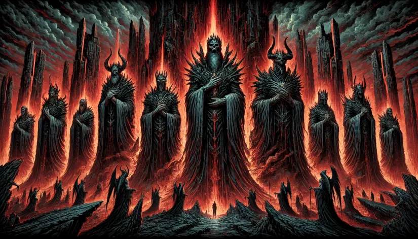 Hierarchy of Hell: A dark depiction of the Nine Kings of Hell in a shadowy, infernal landscape with flames and demons.