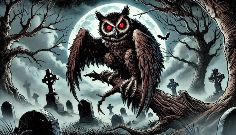 Native American cryptids: The Owlman perched on a branch in a foggy, moonlit graveyard