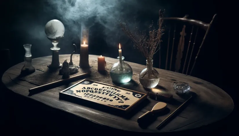 A set of paranormal experimental tools, including a crystal pendulum, dowsing rods, and a Ouija board, on an old wooden table in a dimly lit room.