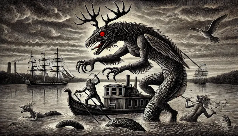 Piasa Bird attacking a boat at dusk, surreal drawing style