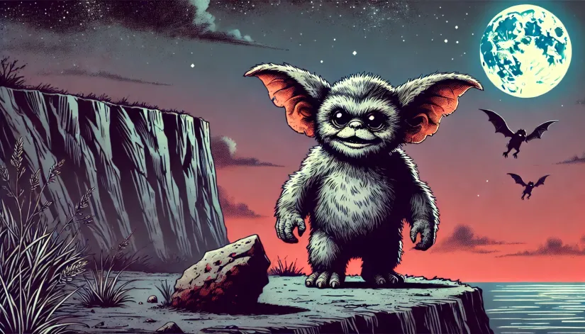 Pukwudgie cryptid near a cliff edge at dusk, comic book drawing style