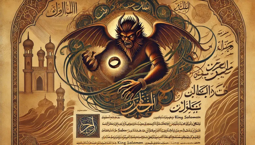 Sakhr-Bound-by-Solomon-Islamic-Tradition An illustration in the style of an ancient Islamic manuscript showing Sakhr, a powerful jinn, bound by King Solomon's magical ring, with Arabic calligraphy.