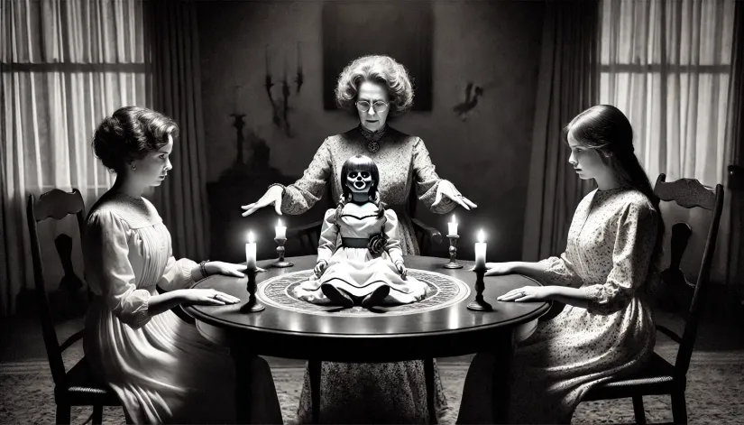 A medium performing a séance with Donna and Angie, trying to communicate with the spirit attached to the Annabelle doll.