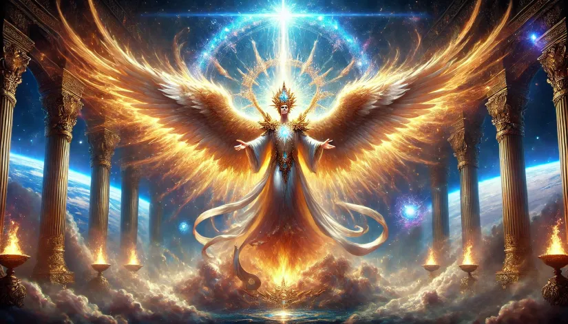 Seraphiel, the Angel of Silence, depicted with an eagle-like body ablaze with divine fire, six wings, and a sapphire crown, standing before God's throne in a celestial realm.