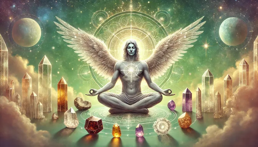 Seraphiel depicted in a meditative pose, surrounded by crystals like Amber, Garnet, and Seraphinite, symbolizing his connection to purification and spiritual awakening.