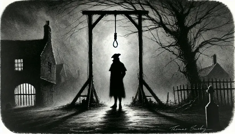 A grim depiction of a shadowy figure beneath a hanging gibbet cage at the crossroads where Thomas Busby was executed.