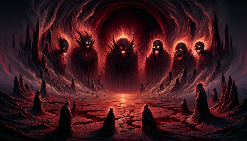 A dark, otherworldly depiction of the Six Princes of Hell emerging from flames and shadows in a barren landscape.