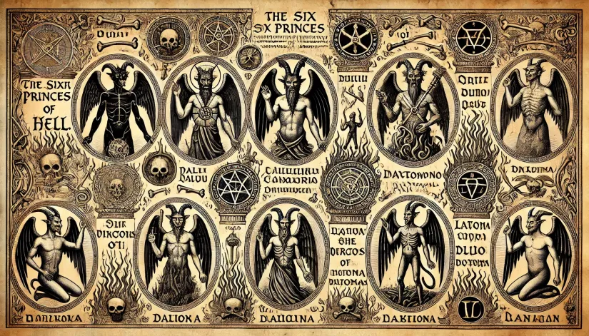 A detailed medieval manuscript page showing the Six Princes of Hell with demonic features and symbols.