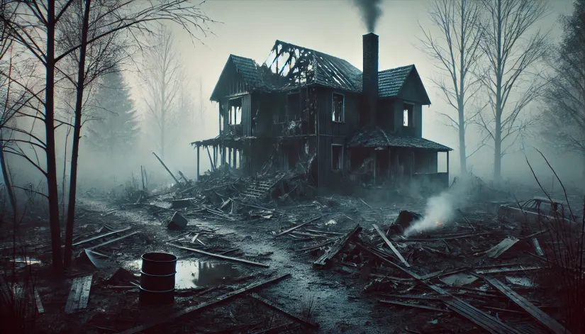 Early morning scene of a 1980s house destroyed by fire, with only blackened remains and a few wisps of smoke rising.