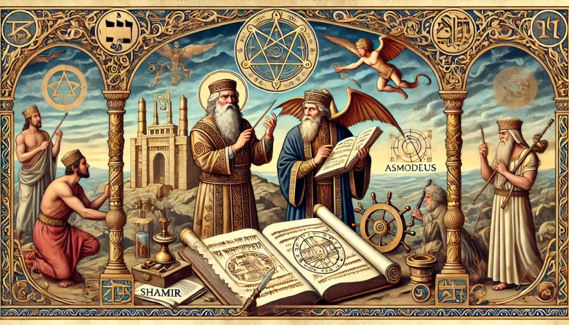 Solomon-Builds-Temple-with-Asmodeus Illustration of King Solomon using the Shamir to build the Temple with Asmodeus assisting, styled like an ancient religious manuscript.
