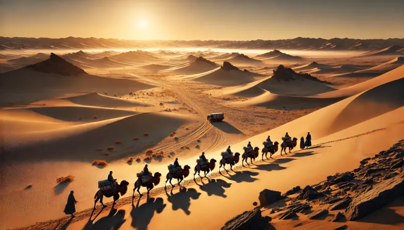 Panoramic view of the Gobi Desert at sunrise with a caravan of Mongolian herders and camels.