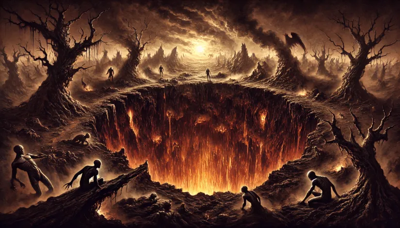 The bottomless pit from the Book of Revelation, with fiery chasm and demonic figures.