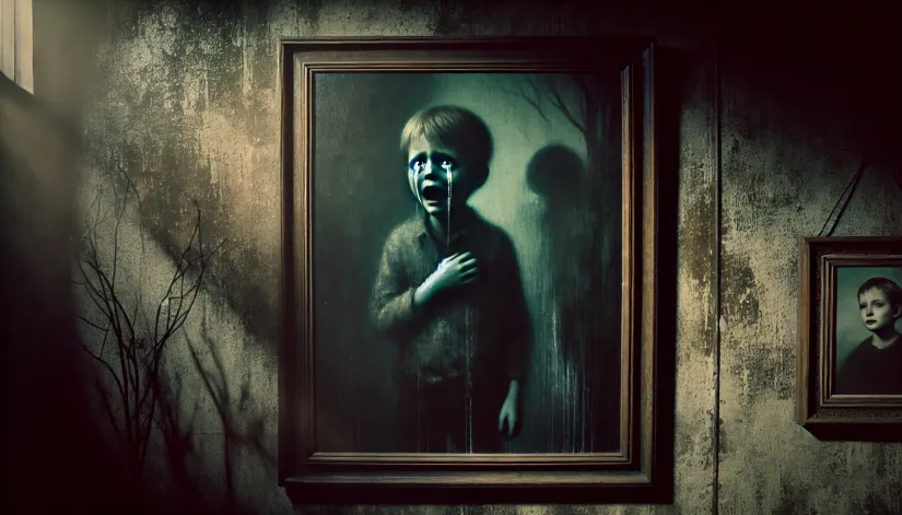 An untouched 'The Crying Boy' painting hanging on a charred wall in a room filled with ashes and debris.