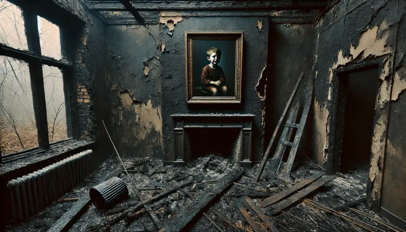 An untouched 'The Crying Boy' painting hanging on a charred wall in a room filled with ashes and debris.