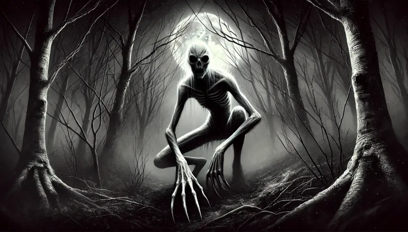 The-Rake-Crouching-in-Dark-Forest The Creepypasta Rake monster crouching in a dark, foggy forest at night with twisted trees and dim moonlight