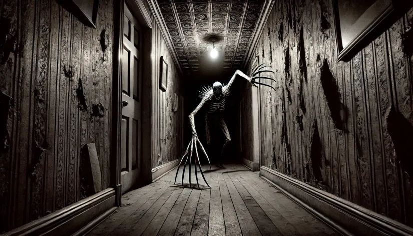 The-Rake-in-Dark-Hallway The Rake monster crawling down a dark, narrow hallway in an old house with peeling wallpaper and flickering lights