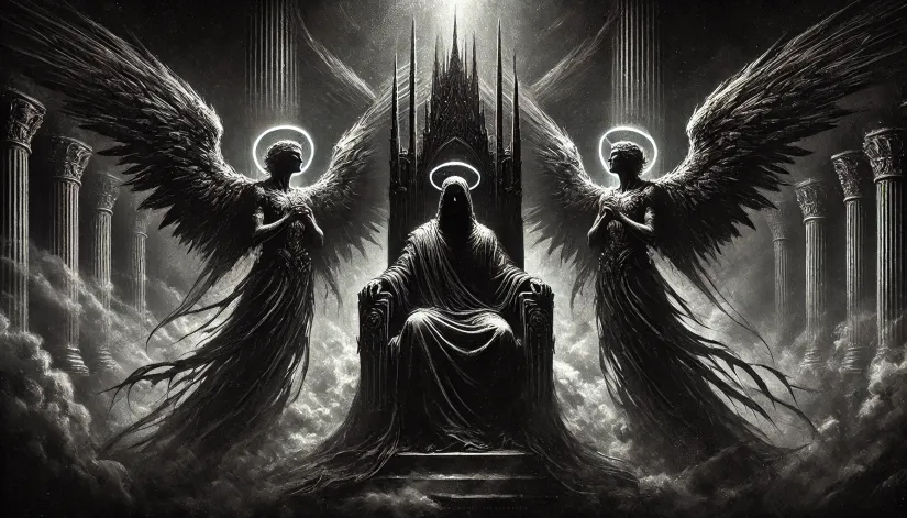 Hierarchy of angels: Black-and-white depiction of Thrones angels seated on celestial thrones.