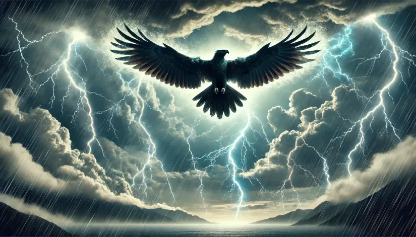 Native American cryptids: Thunderbird soaring in a stormy sky