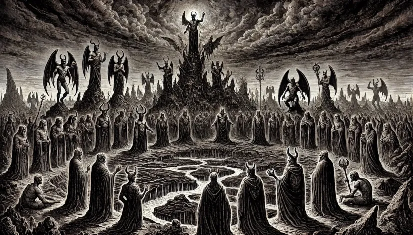 A dark depiction of the 22 Dukes of Hell gathered in a desolate, volcanic wasteland, conducting a sinister ritual.