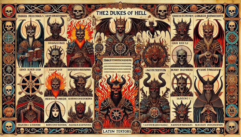 An ancient manuscript page showing the 22 Dukes of Hell with demonic faces and symbols of power.