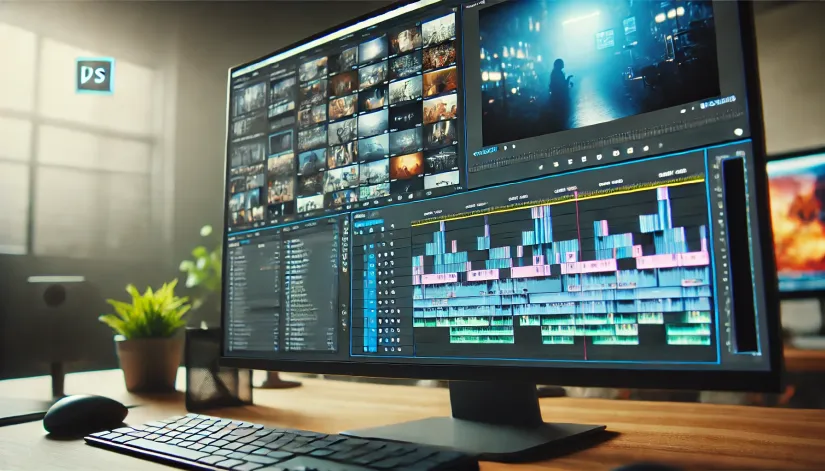 Close-up of video editing software on a large monitor with multiple timelines and tracks visible.