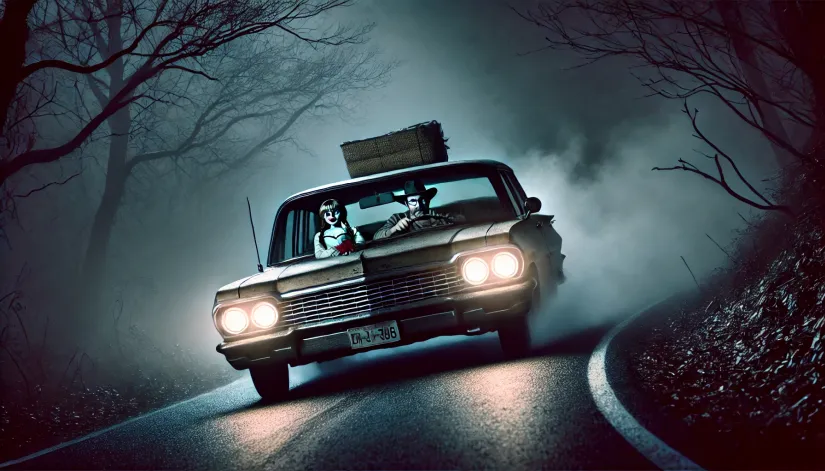 The Warrens' car struggling to stay on a winding, foggy road at night while transporting the Annabelle doll.