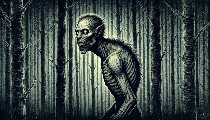 Wendigo lurking in a dense, dark forest with fog, surreal drawing style