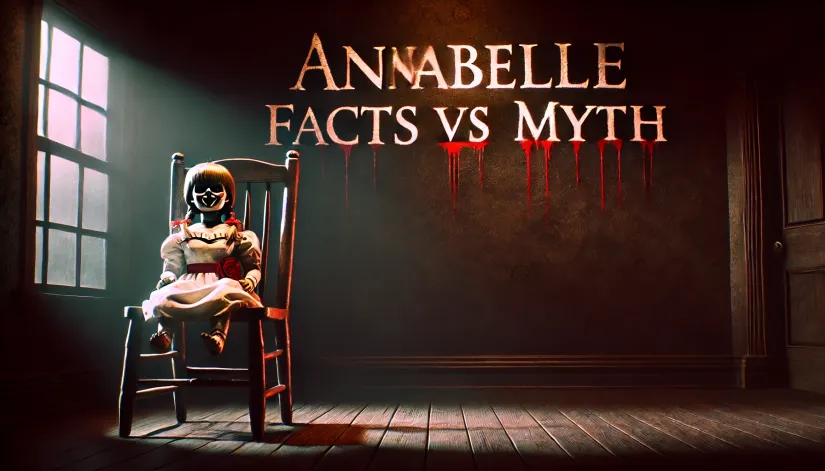 A cracked porcelain doll sitting on a wooden chair in a dimly lit room with the text 'Annabelle facts vs myth' written in blood-red letters on the wall.