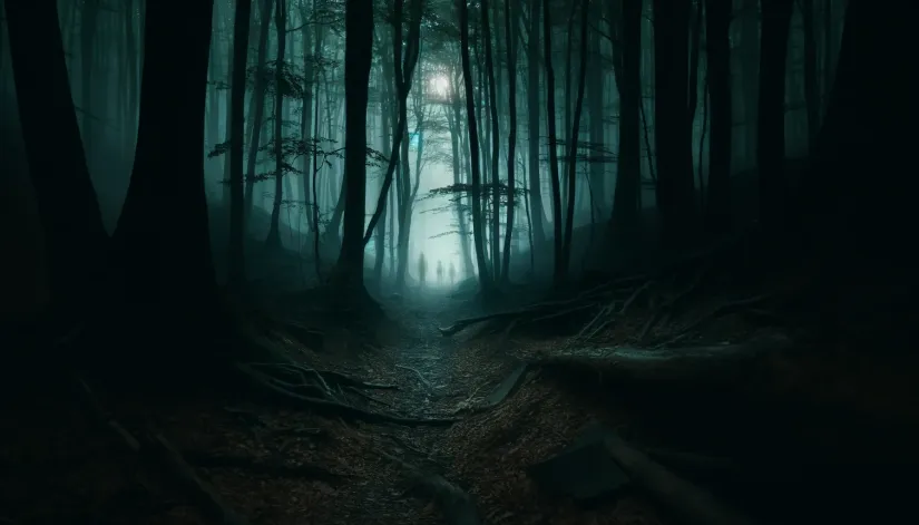 A dense, dark forest at dusk, with a supernatural ambiance